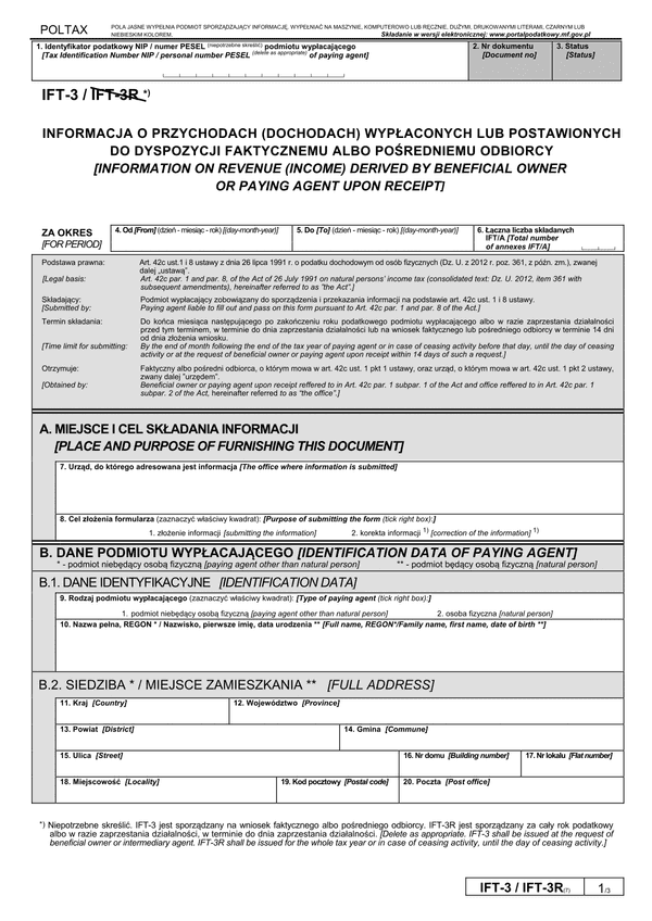 IFT-3 (7) (archiwalny) (od I 2015) Informacja o przychodach (dochodach) wypłaconych lub postawionych do dyspozycji faktycznemu albo pośredniemu odbiorcy