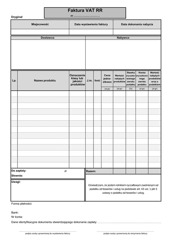 FV-RR (archiwalny) Faktura VAT RR