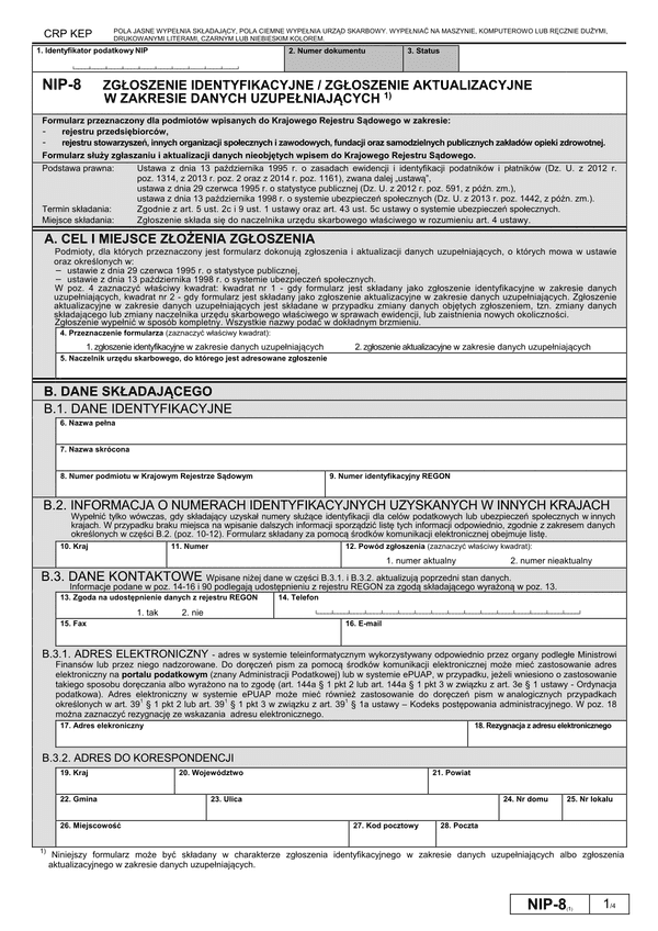 NIP-8 (1) (archiwalny) Zgłoszenie identyfikacyjne / zgłoszenie aktualizacyjne w zakresie danych uzupełniających