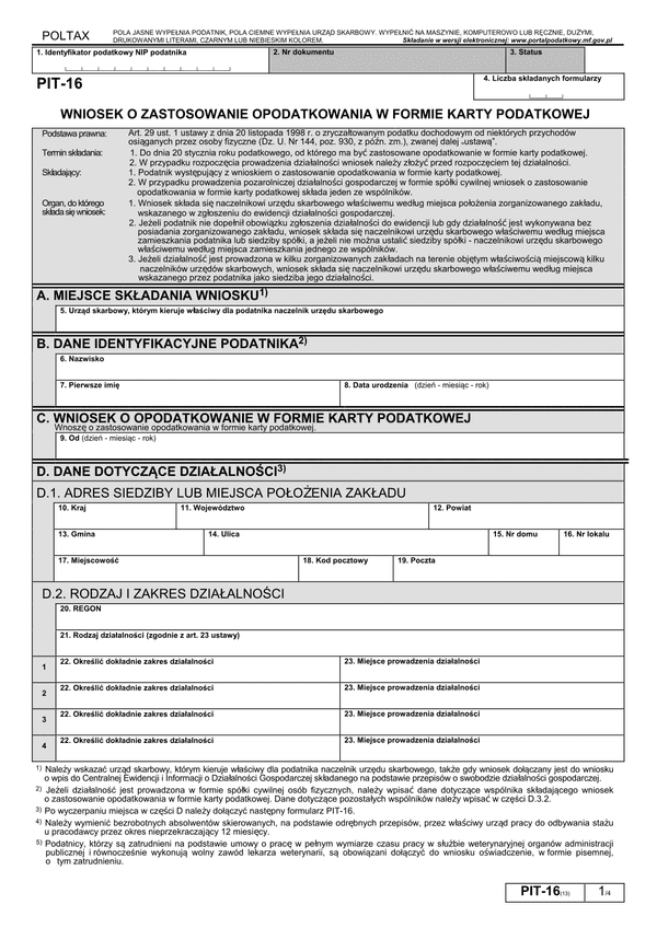 PIT-16 (13) (2015) (archiwalny) Wniosek o zastosowanie opodatkowania w formie karty podatkowej