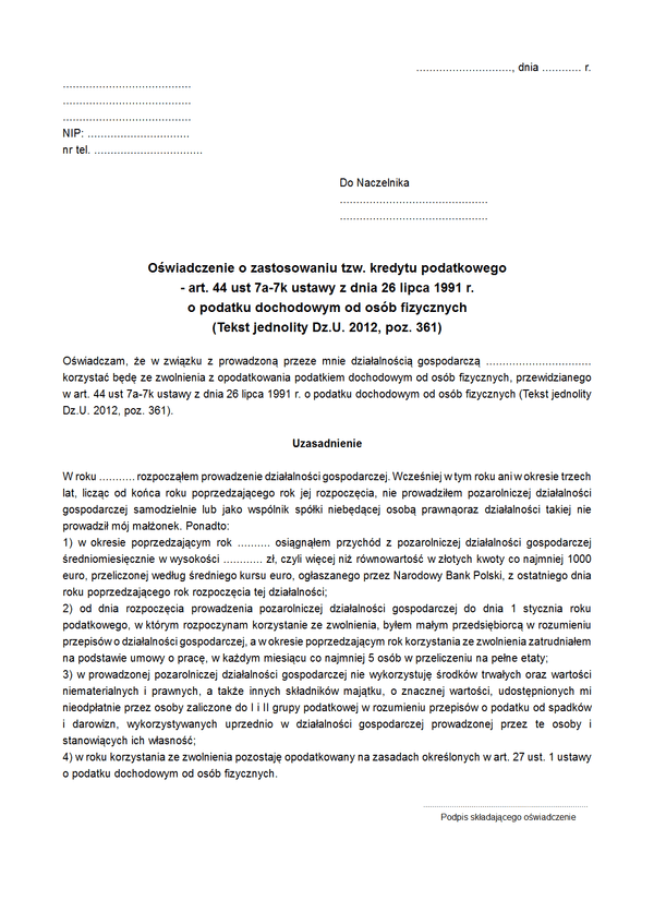 OoZKP Oświadczenie o zastosowaniu tzw. kredytu podatkowego - wskazanego w art. 44 ust 7a-7k ustawy z dnia 26 lipca 1991 r. o podatku dochodowym od osób fizycznych (Tekst jednolity Dz.U. 2012, poz. 361)