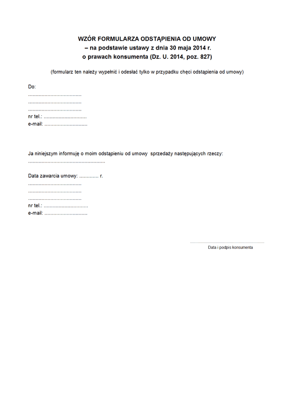 FOOU Formularz odstąpienia od umowy – na podstawie ustawy z dnia 30 maja 2014 r. o prawach konsumenta (Dz. U. 2014, poz. 827)