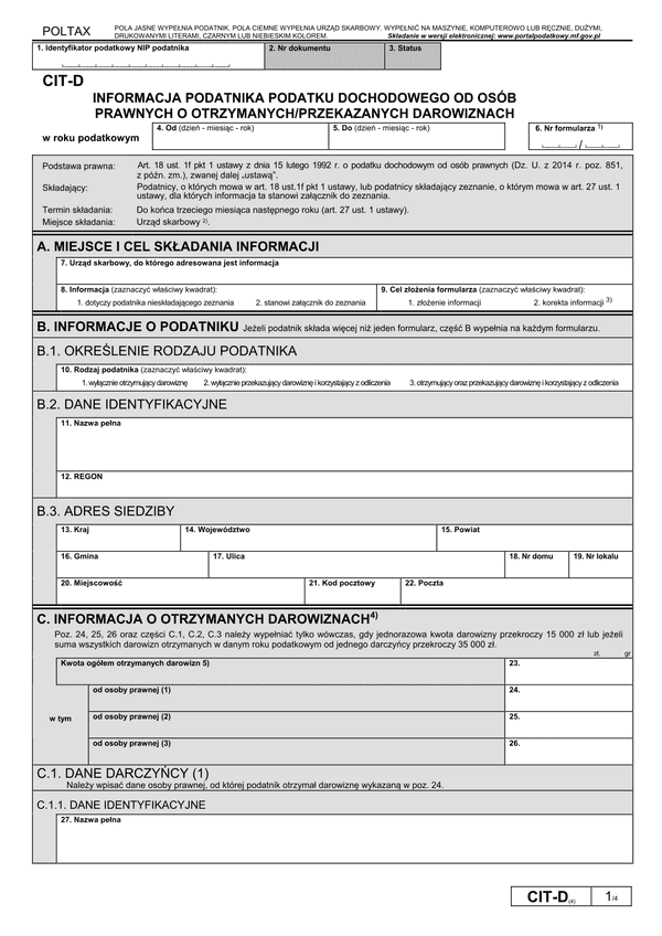 CIT-D (4) (archiwalny) Informacja podatnika podatku dochodowego od osób prawnych o otrzymanych/przekazanych darowiznach