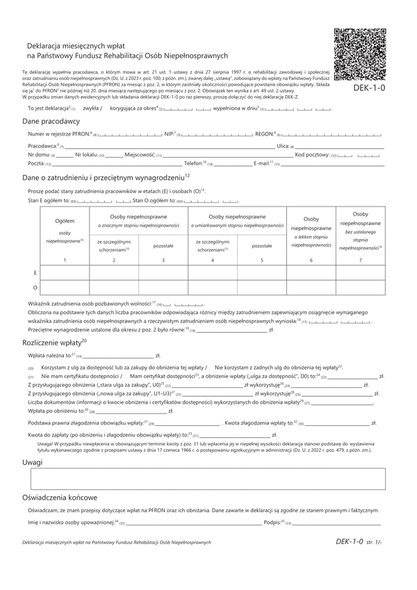 PFRON DEK-1-0 Deklaracja miesięcznych wpłat na Państwowy Fundusz Rehabilitacji Osób Niepełnosprawnych