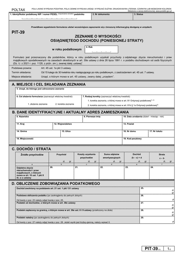PIT-39 (12) (2023) Zeznanie o wysokości osiągniętego dochodu (poniesionej straty)