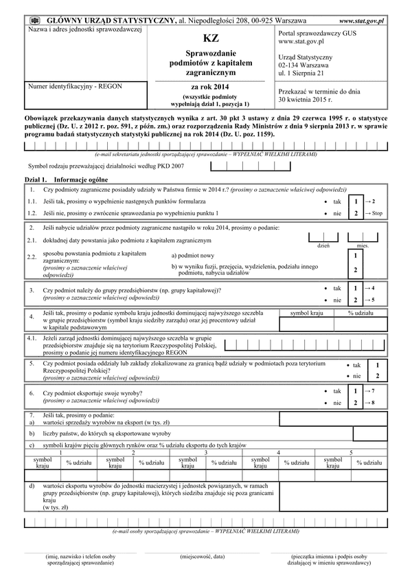GUS KZ (2014) (archiwalny) Sprawozdanie podmiotów z kapitałem zagranicznym za rok 2014