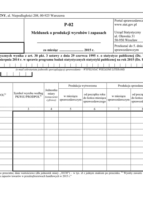 GUS P-02 (2015) (archiwalny) Meldunek o produkcji wyrobów i zapasach