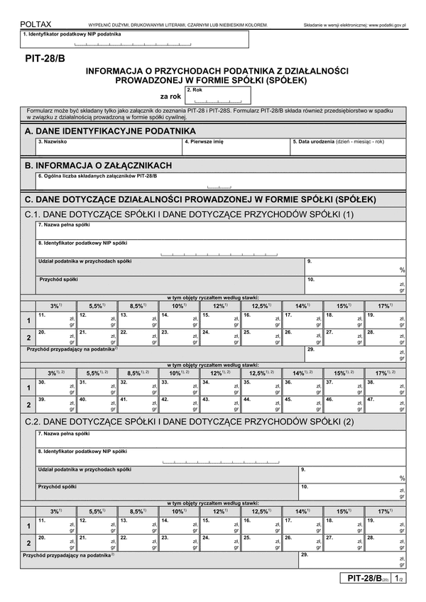 PIT-28/B (20) (2023-2024) Informacja o przychodach podatnika z działalności prowadzonej w formie spółki (spółek) osób fizycznych 
