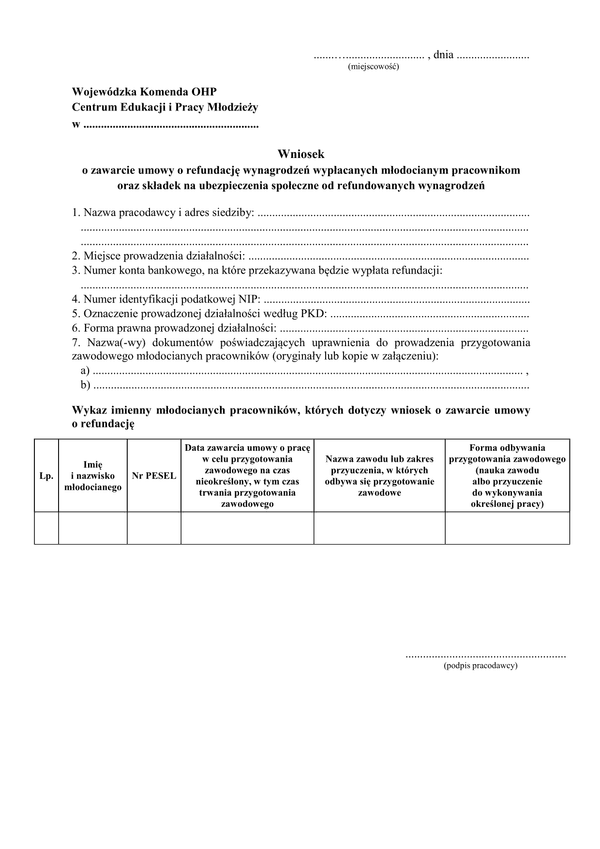 WZURW Wniosek o zawarcie umowy o refundację wynagrodzeń wypłacanych młodocianym oraz składek na ubezpieczenia społeczne od refundowanych wynagrodzeń - wiele pozycji