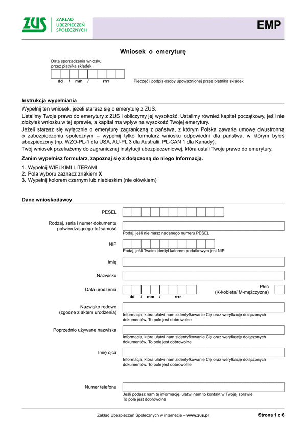 ZUS EMP (archiwalny) Wniosek o emeryturę - wersja papierowa