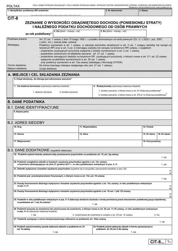 CIT-8 (33) Zeznanie o wysokości osiągniętego dochodu (poniesionej straty) przez podatnika podatku dochodowego od osób prawnych 