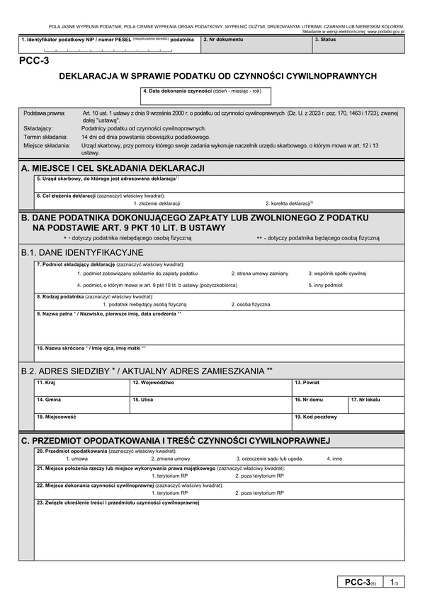 PCC-3 (6) Deklaracja w sprawie podatku od czynności cywilnoprawnych (formularz przeznaczony dla czynności dokonanych po 01.01.2024)