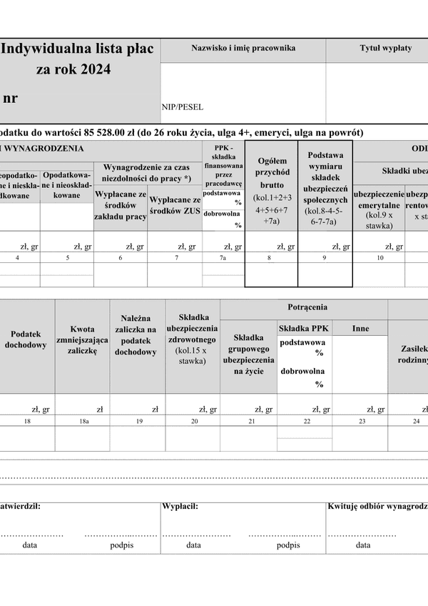 ILP (2024) Indywidualna lista płac (umowa o pracę)