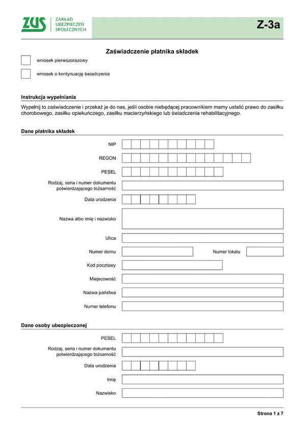 ZUS Z-3a Zaświadczenie płatnika składek - z wysyłką do PUE ZUS
