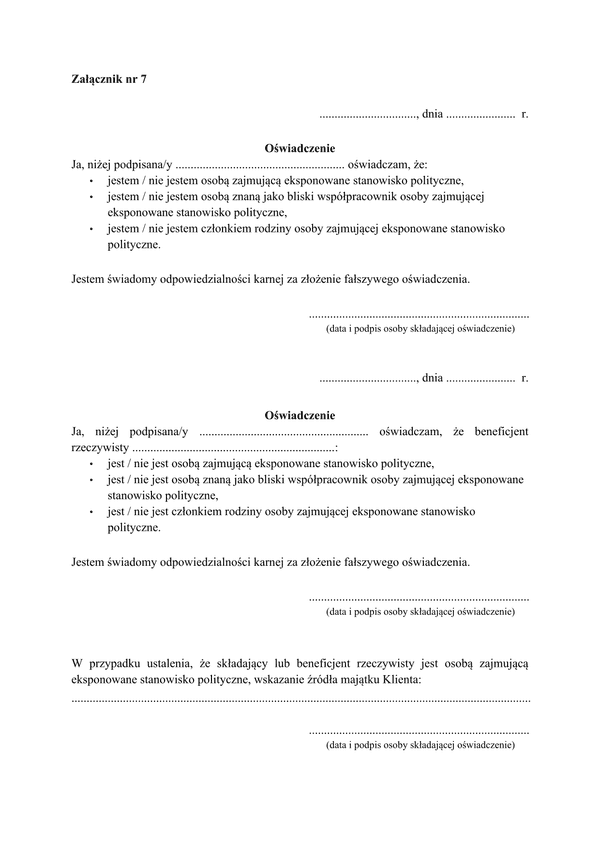 AML - zał. 7 Oświadczenie o zajmowaniu eksponowanego stanowiska politycznego