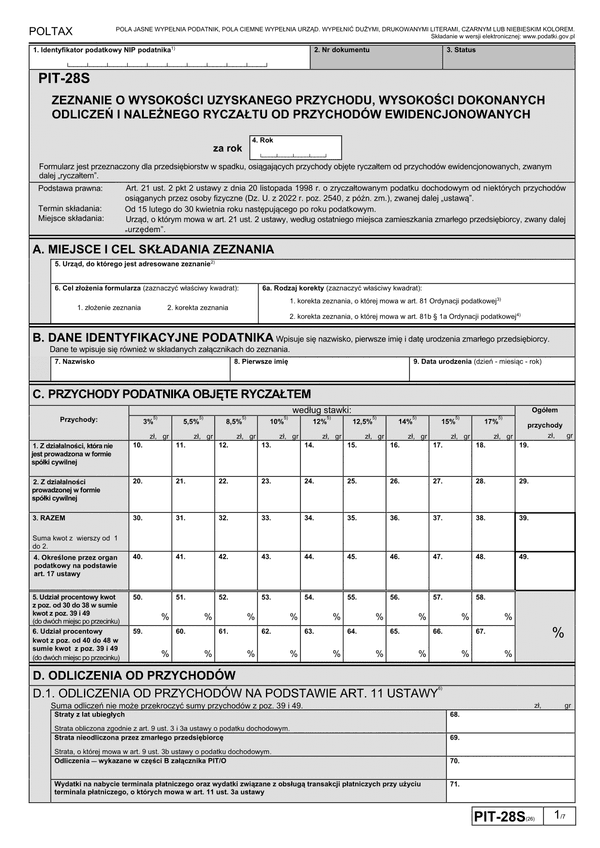 PIT-28S (26) (archiwalny) (2023) Zeznanie o wysokości uzyskanego przychodu, wysokości dokonanych odliczeń i należnego ryczałtu od przychodów ewidencjonowanych za 2023