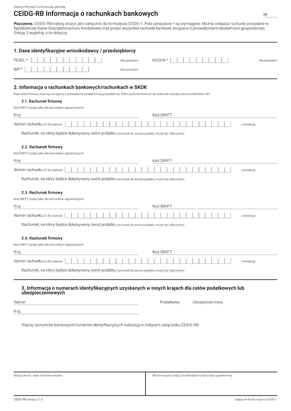 CEIDG-RB (3.0) Informacja o rachunkach bankowych