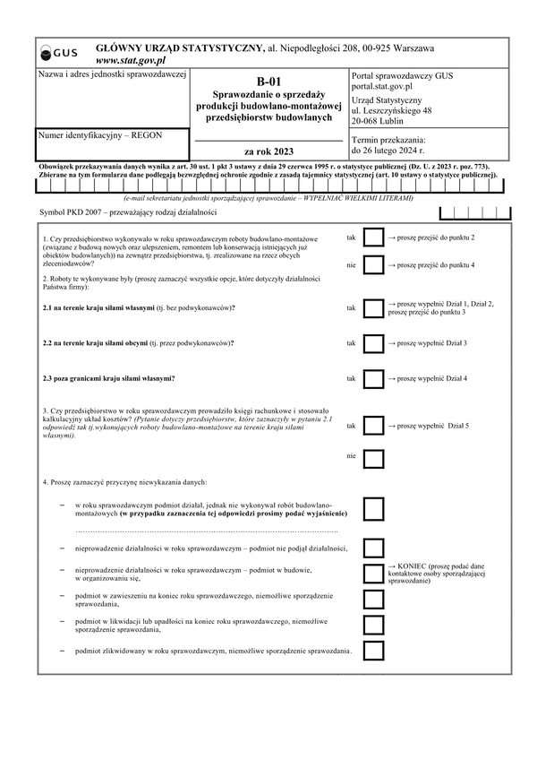 GUS B-01 (2023) Sprawozdanie o sprzedaży produkcji budowlano-montażowej przedsiębiorstw budowlanych za rok 2023