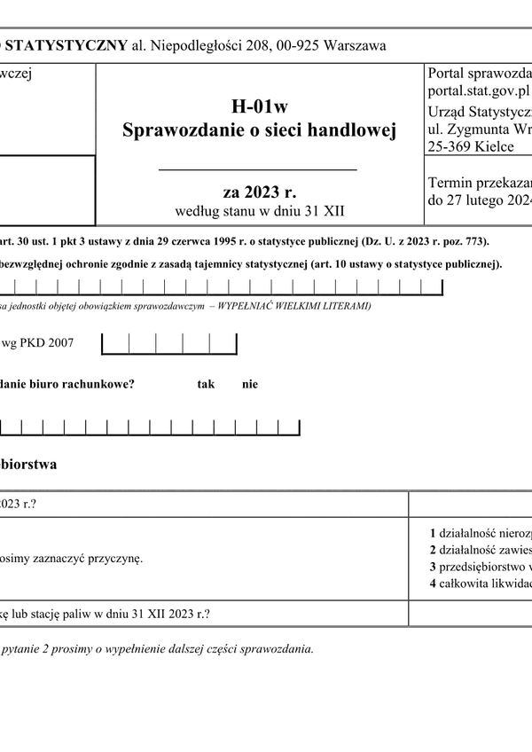 GUS H-01w (2023) Sprawozdanie o sieci handlowej według stanu w dniu 31 XII 2023 r.