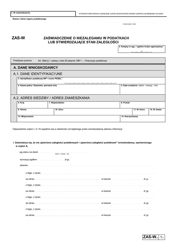 ZAS-W (5) (od 2022) Zaświadczenie o niezaleganiu w podatkach lub stwierdzające stan zaległości