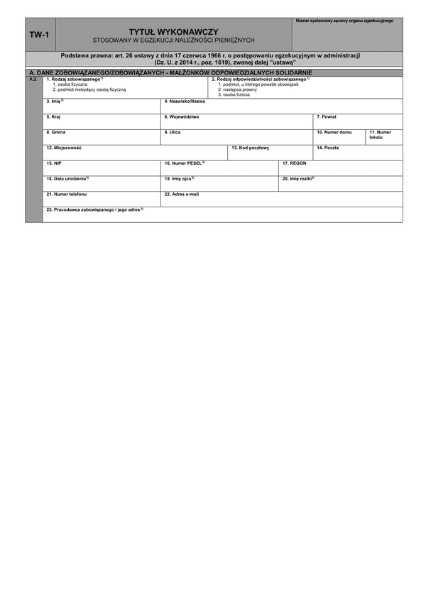 TW-1a (od 07.01.2015) (archiwalny) Tytuł wykonawczy stosowany w egzekucji należności pieniężnych - dane małżonka