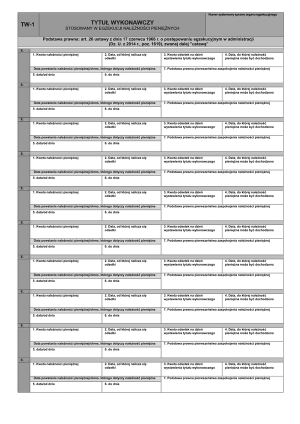 TW-1e (od 07.01.2015) (archiwalny) Tytuł wykonawczy stosowany w egzekucji należności pieniężnych - blok E. 1.