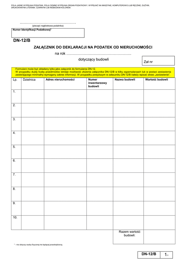 DN-12/B (archiwalny) Załącznik do deklaracji na podatek od nieruchomości - Warszawa