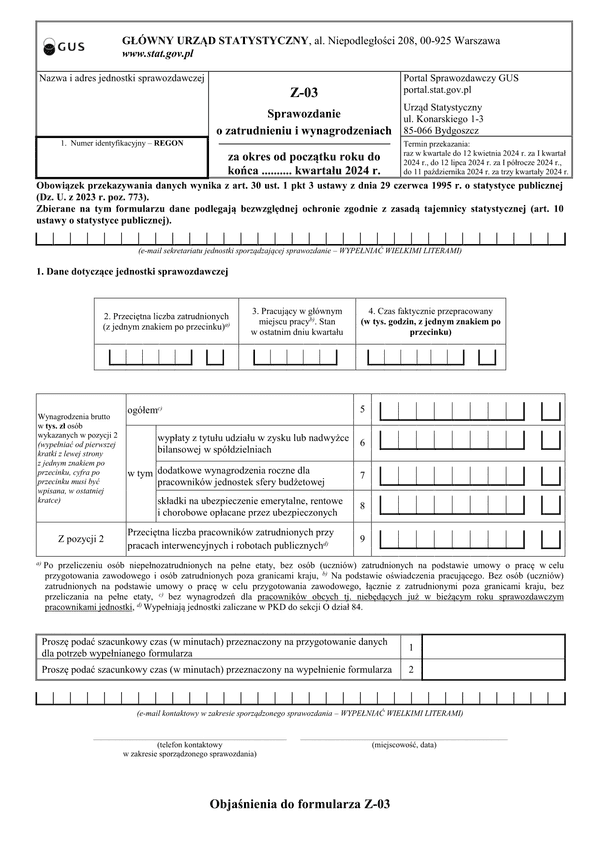 GUS Z-03 (2024) Sprawozdanie o zatrudnieniu i wynagrodzeniach