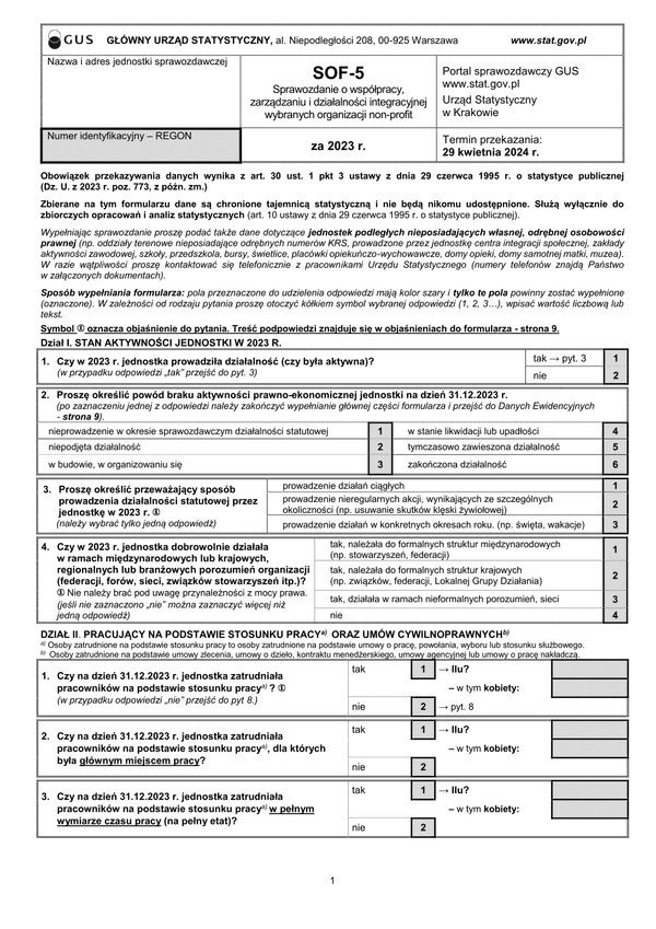 GUS SOF-5 (2023) Sprawozdanie o współpracy, zarządzaniu i działalności integracyjnej wybranych organizacji non-profit