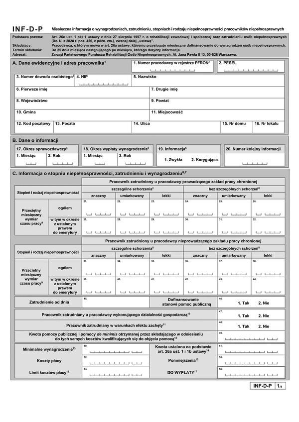 PFRON INF-D-P (od I 2021) (archiwalny) Miesięczna informacja o wynagrodzeniach, zatrudnieniu i stopniach niepełnosprawności pracowników niepełnosprawnych