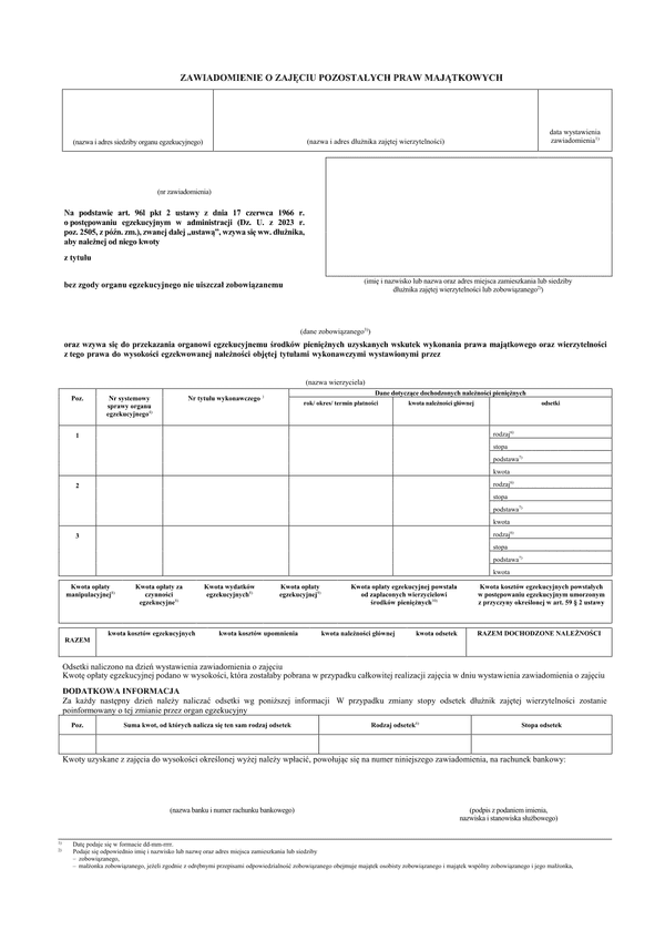 ZoZPPM Zawiadomienie o zajęciu pozostałych praw majątkowych