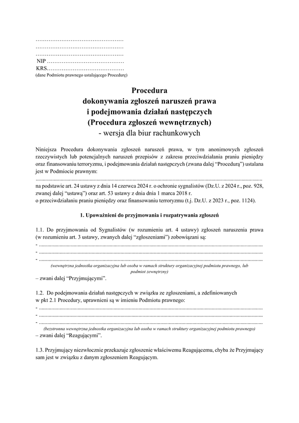 Syg-PZW-BR Procedura dokonywania zgłoszeń naruszeń prawa i podejmowania działań następczych (Procedura zgłoszeń wewnętrznych) - dla biur rachunkowych