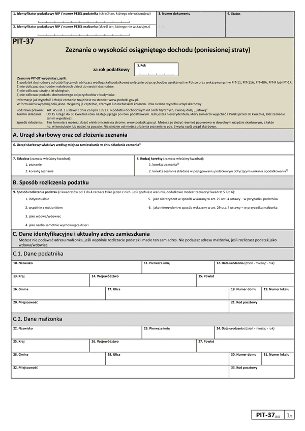  PIT-37 zeznanie o wysokości osiągniętego dochodu lub poniesionej straty