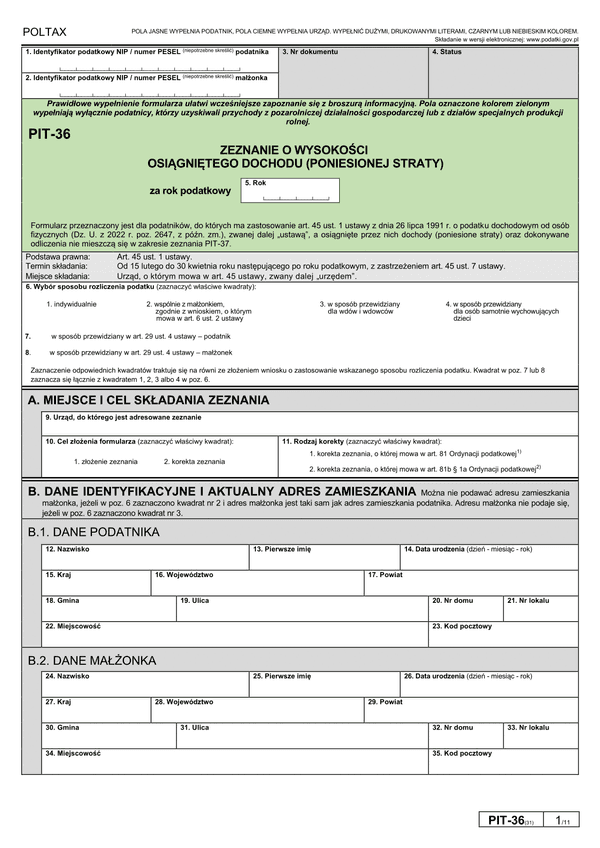  PIT-36 zeznanie o wysokości osiągniętego dochodu (poniesionej straty)