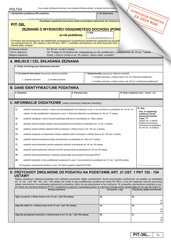 PIT-36L (20) (symulator 2024) Zeznanie o wysokości osiągniętego dochodu (poniesionej straty)