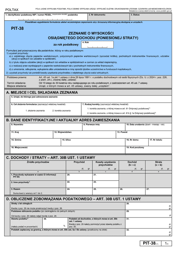 PIT-38 (17) (symulator 2024) Zeznanie o wysokości osiągniętego dochodu (poniesionej straty)