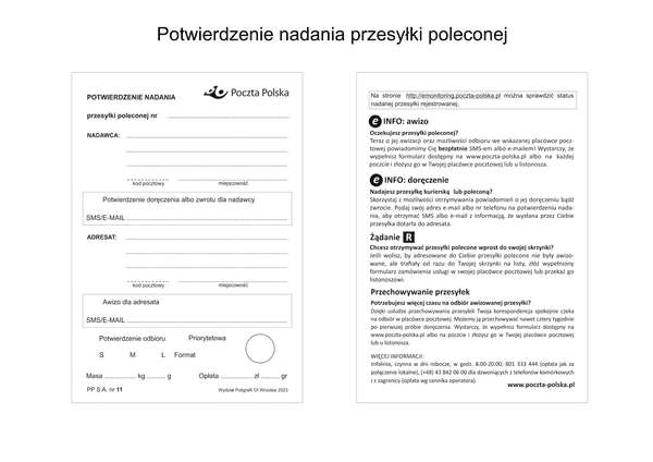 PP 11 (od 2023) Potwierdzenie nadania przesyłki poleconej 