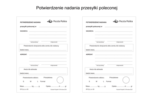 PP 11 (od 2023) Potwierdzenie nadania przesyłki poleconej (2 sztuki)