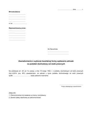 ZoWKF Zawiadomienie o wyborze kwartalnej formy wpłacania zaliczek na podatek dochodowy od osób prawnych