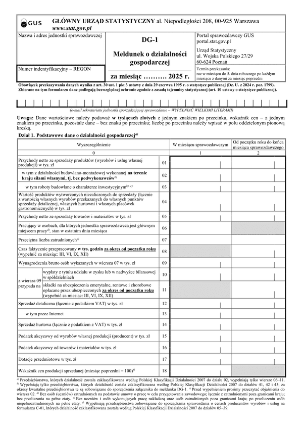 GUS DG-1 (2025) Meldunek o działalności gospodarczej