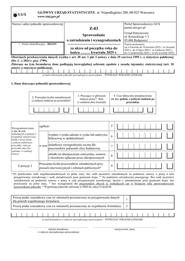 GUS Z-03 (2025) Sprawozdanie o zatrudnieniu i wynagrodzeniach