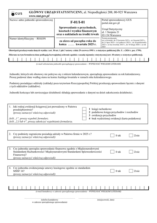 GUS F-01/I-01 (2025) Sprawozdanie o przychodach, kosztach i wyniku finansowym oraz o nakładach na środki trwałe