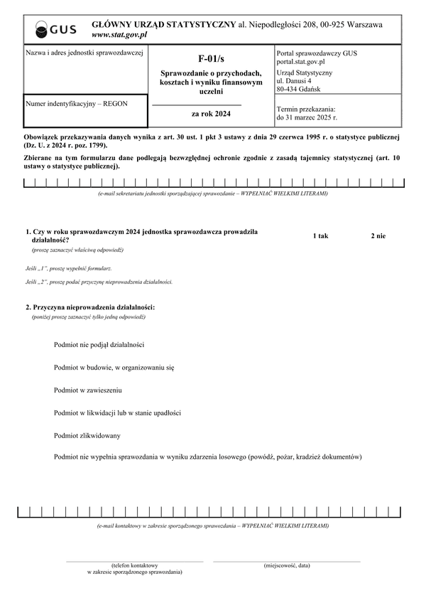 GUS F-01/s (2024) Sprawozdanie o przychodach, kosztach i wyniku finansowym szkół wyższych za rok 2024