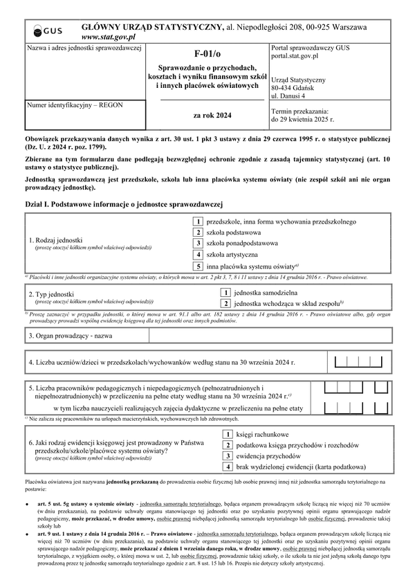 GUS F-01/o (2024) Sprawozdanie o przychodach, kosztach i wyniku finansowym szkół i innych placówek oświatowych za rok 2024