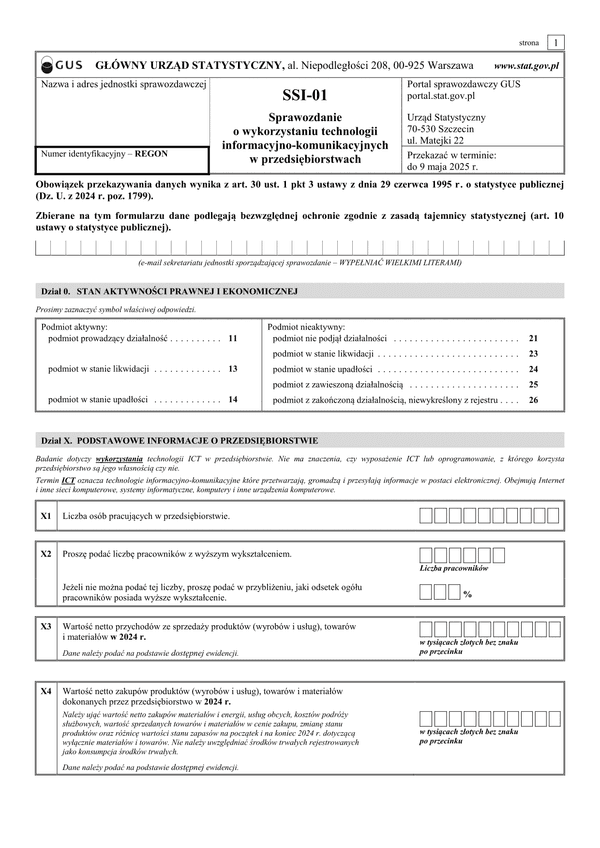 GUS SSI-01 (2025) Sprawozdanie o wykorzystaniu technologii informacyjno-telekomunikacyjnych w przedsiębiorstwach