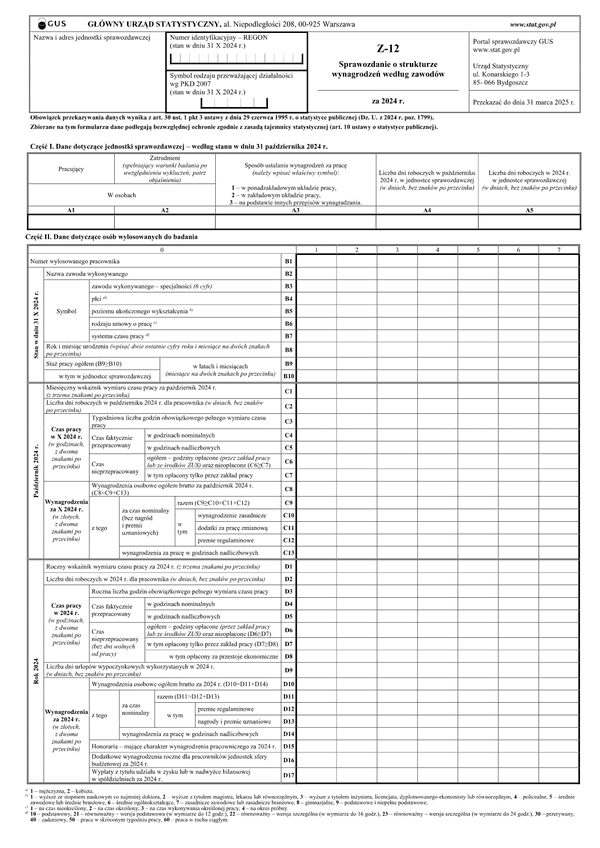 GUS Z-12 (2024) Sprawozdanie o strukturze wynagrodzeń według zawodów