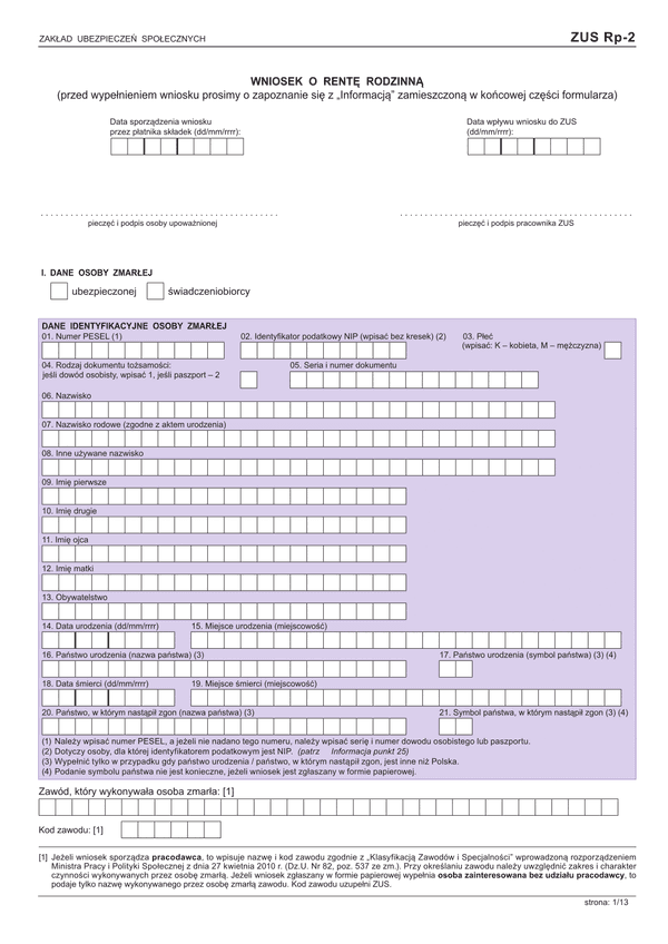 ZUS Rp-2  (archiwalny) (od 2015) Wniosek o rentę rodzinną