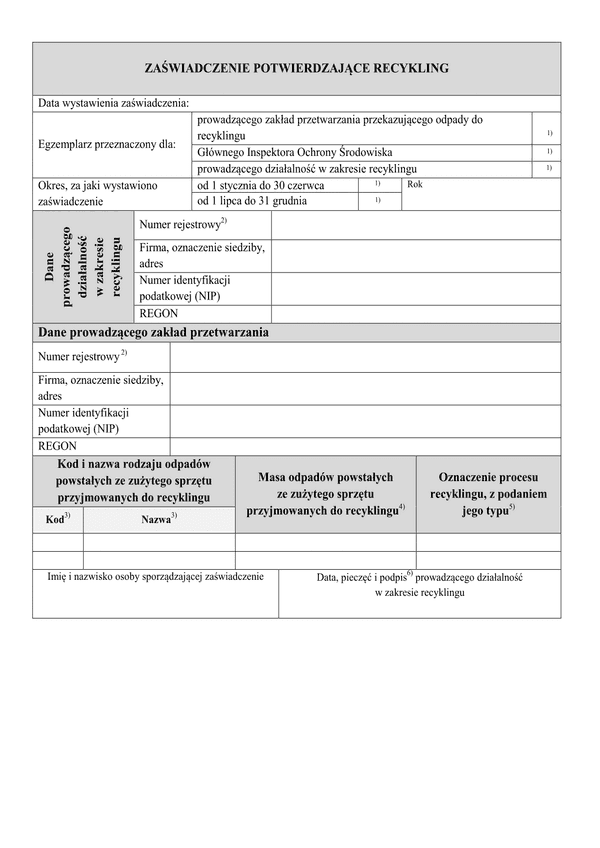 ZPR (archiwalny) Zaświadczenie potwierdzające recykling