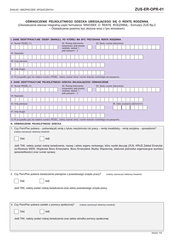ZUS-ER-OPR-01 (archiwalny) Oświadczenie pełnoletniego dziecka ubiegającego się o rentę rodzinną