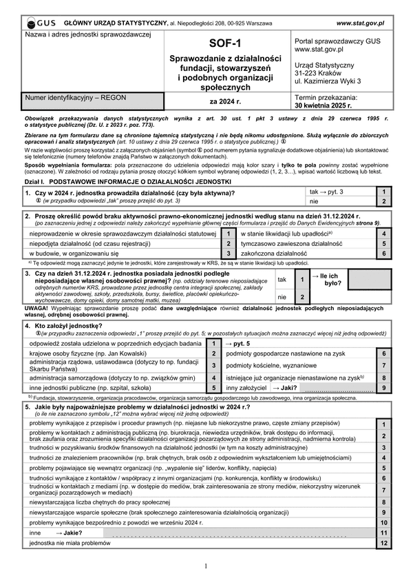 GUS SOF-1 (2024) Sprawozdanie z działalności fundacji, stowarzyszeń i podobnych organizacji społecznych za rok 2024